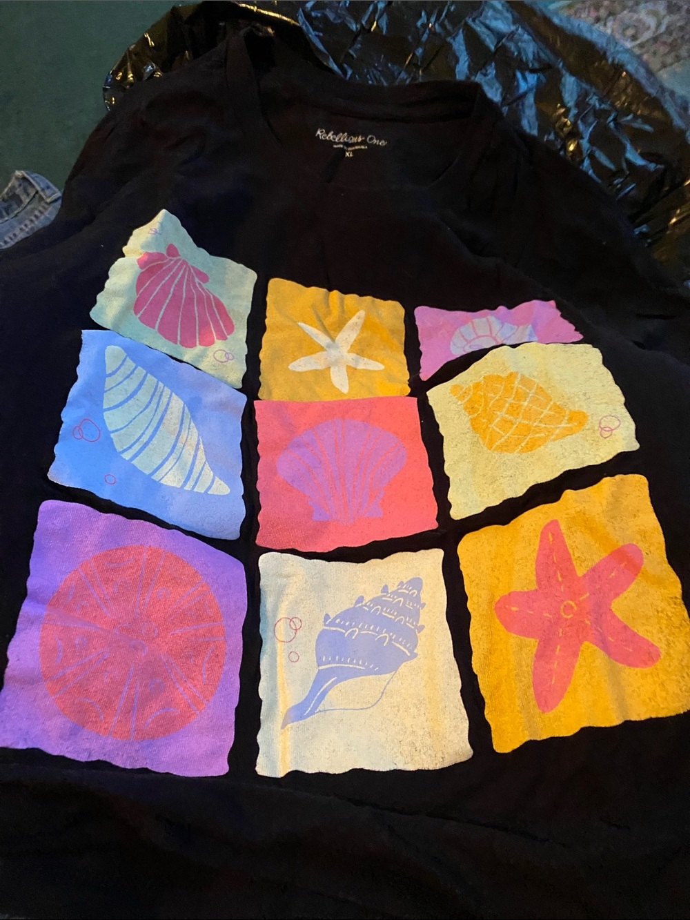 Rock & Candy Black Short Sleeve Tee with Colorful Seashell Grid